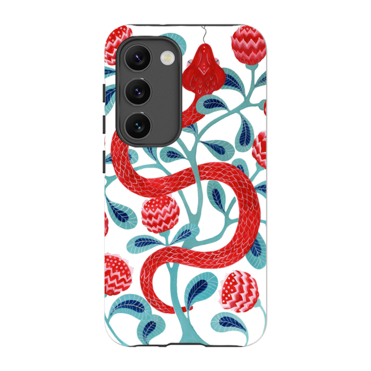 Samsung Tough Case featuring a red snake and floral pattern on a white background with dual-layer protection.