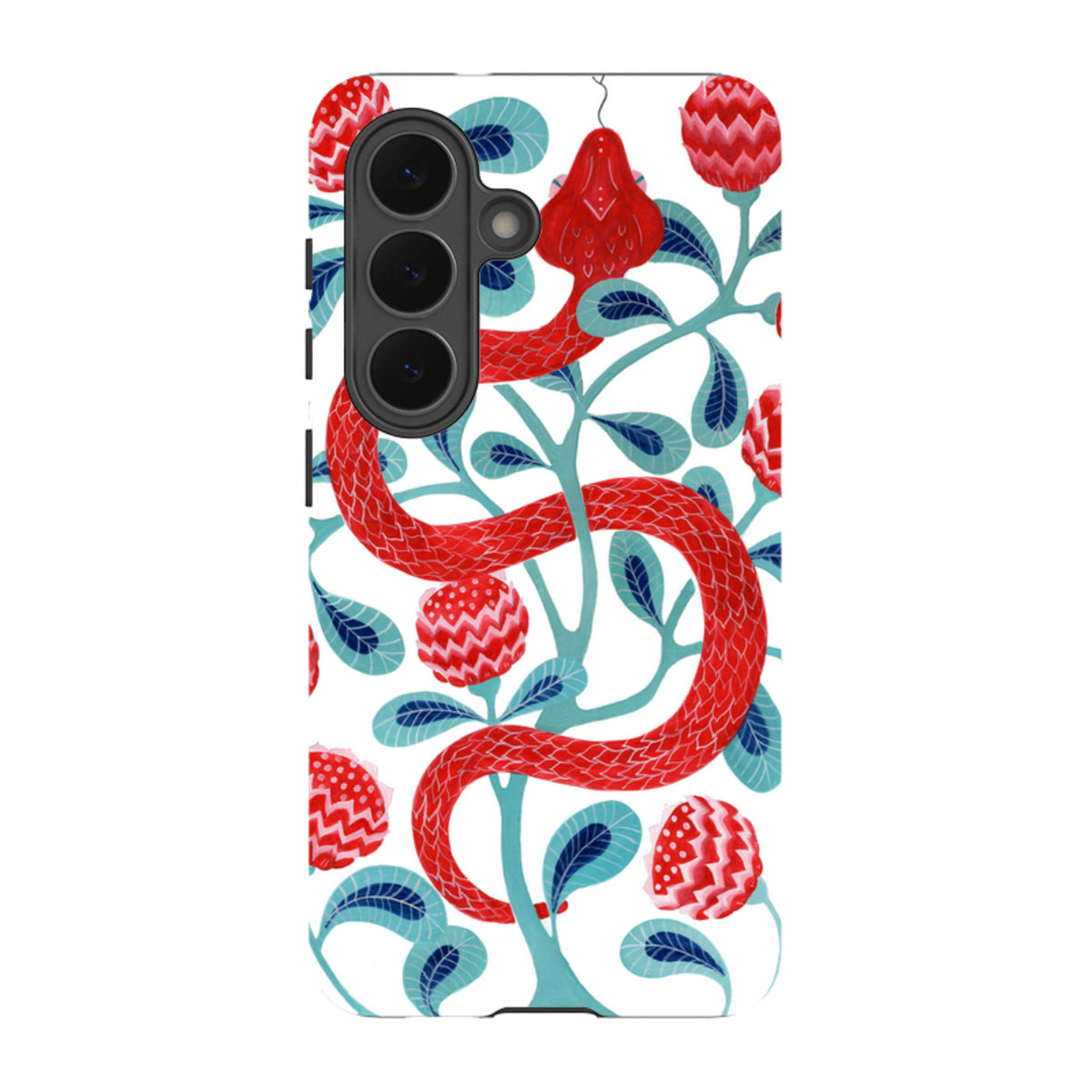 Samsung Tough Case featuring a red snake and floral pattern by Bex Parkin on a white background with camera cutouts.