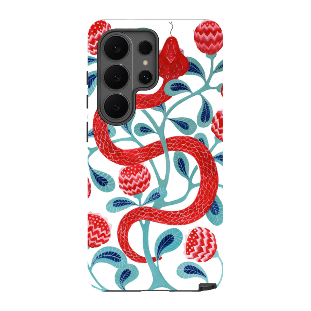 Samsung Tough Case featuring a red snake and floral pattern by Bex Parkin on a white background with camera cutouts.