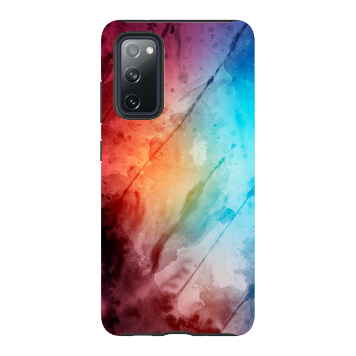 Samsung Galaxy tough case with a vibrant, multicolored watercolor design featuring red, orange, and blue gradient hues.