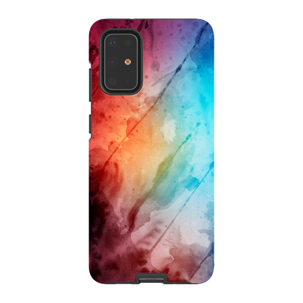 Samsung Tough Case with vibrant red, orange, and blue watercolor artwork and a protective dual-layer design.