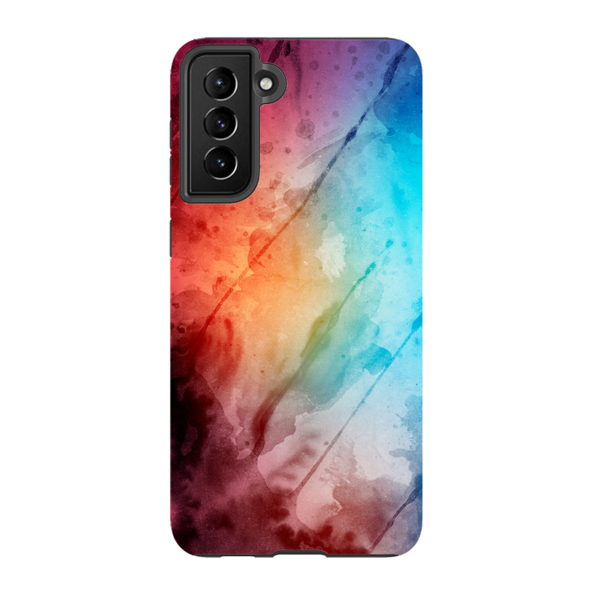 Samsung Galaxy tough case with a vibrant, multi-colored watercolor design featuring red, orange, and blue ink splashes.