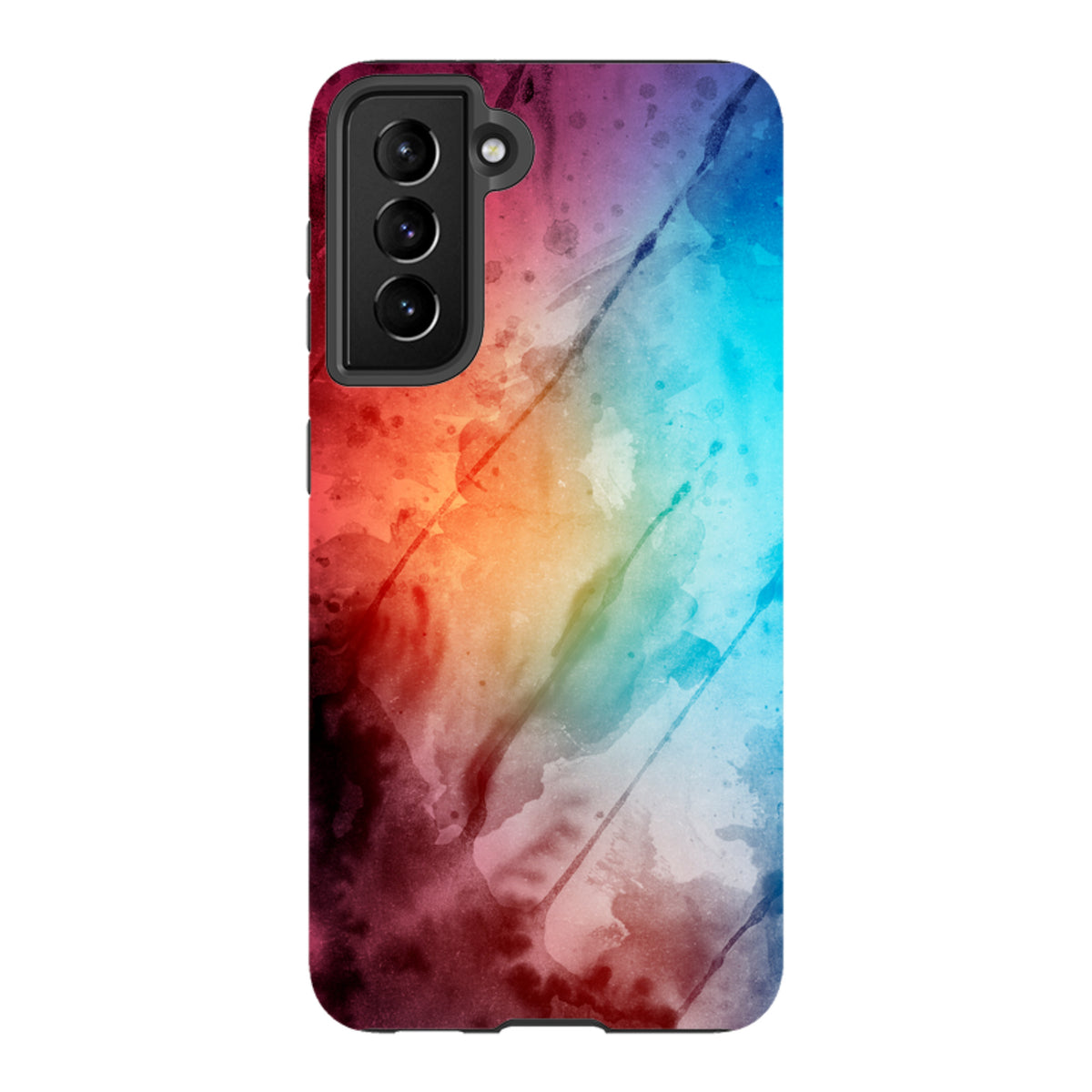Samsung Galaxy tough case with a vibrant, multi-colored watercolor design featuring red, orange, and blue gradients.