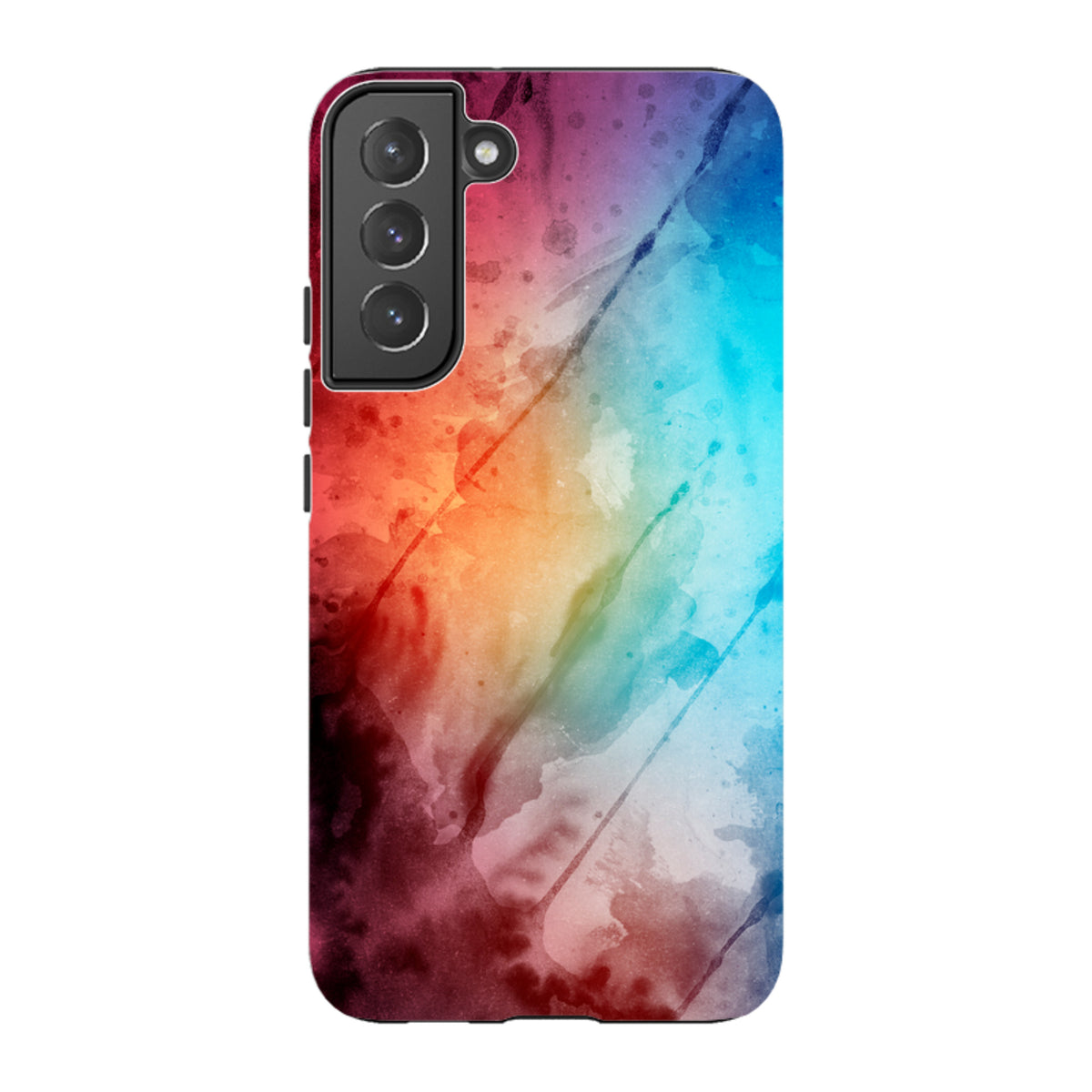 Samsung Galaxy tough case featuring a vibrant, multicolored watercolor design with a durable dual-layer protective shell.