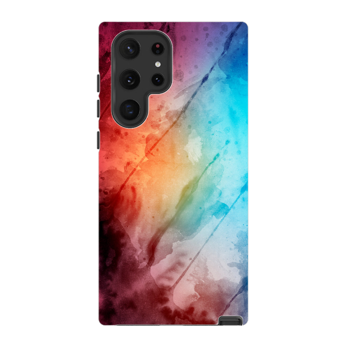 Samsung Tough Case featuring a vibrant, multicolored watercolor design with a durable dual-layer finish and camera cutout.