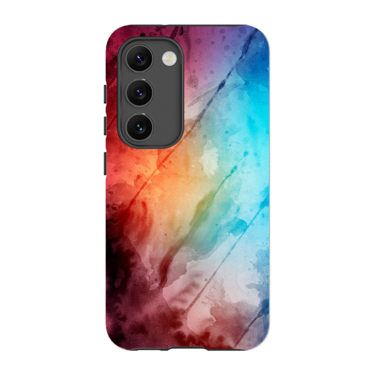 Samsung Galaxy tough case with a vibrant, multicolored watercolor design and durable dual-layer protective shell.