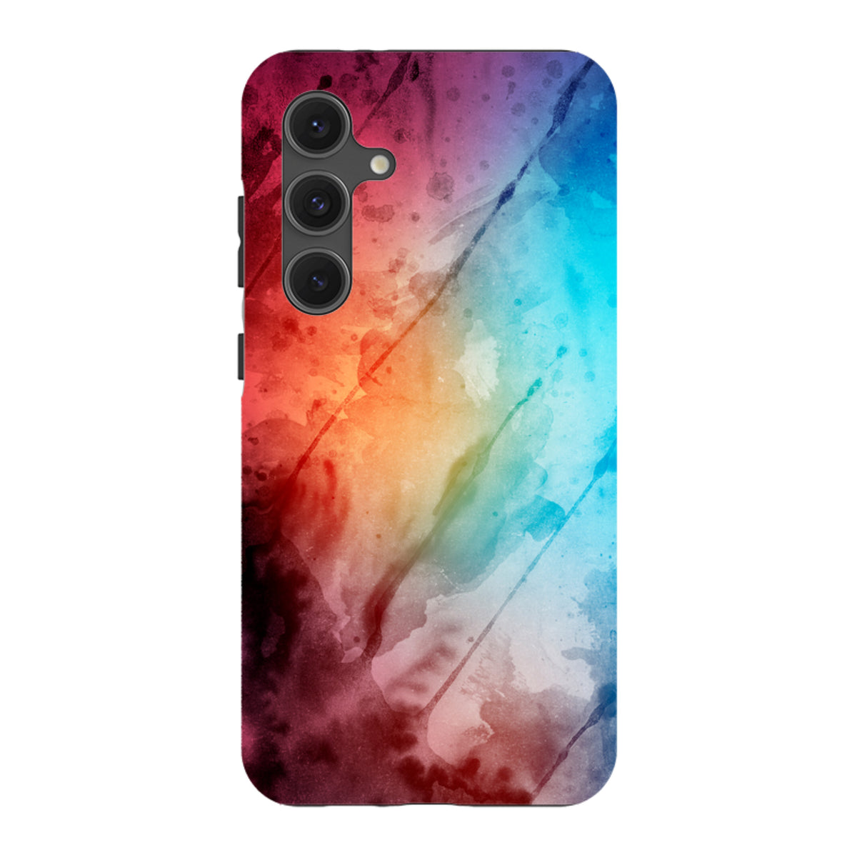 Samsung Tough Case featuring a vibrant, multicolored watercolor design with a triple-lens camera cutout.