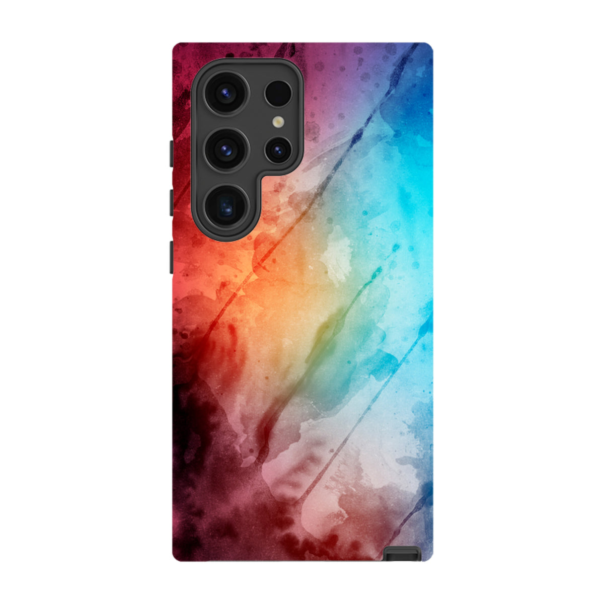Samsung Galaxy tough case featuring a vibrant, multi-colored watercolor design with a durable dual-layer finish.