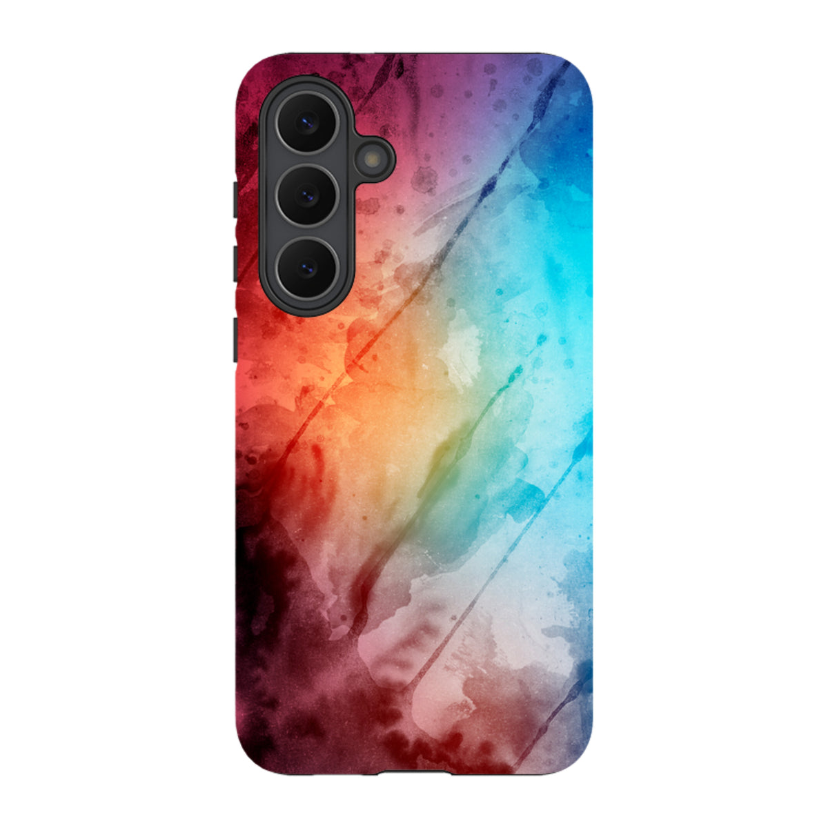 Samsung Galaxy tough case featuring a vibrant, multicolored watercolor design with a durable dual-layer protective shell.