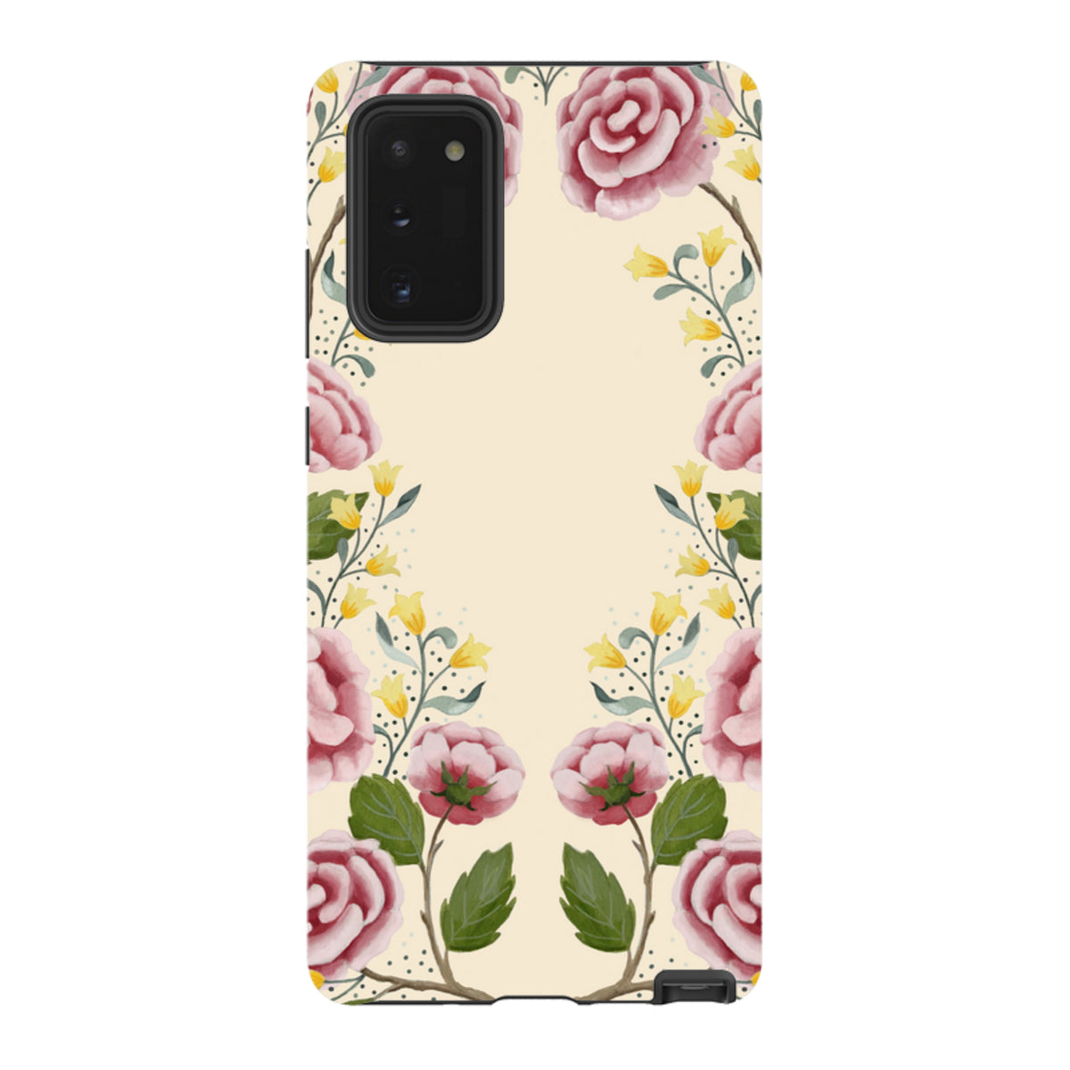Samsung Tough Case featuring a cream background with pink roses, yellow flowers, and green leaves in a floral design.