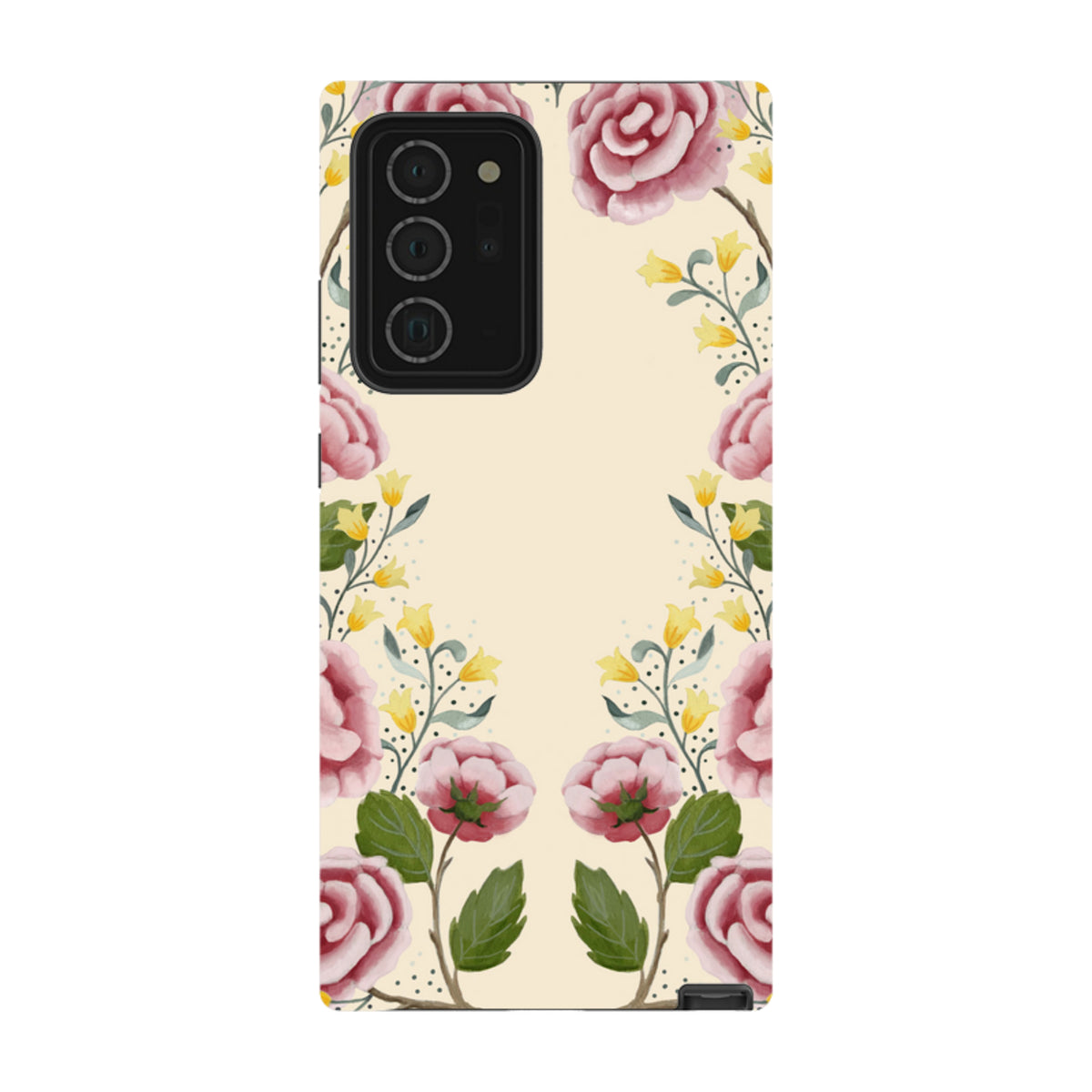 Samsung Tough Case featuring a cream background with pink roses and yellow floral watercolor art by Bex Parkin.