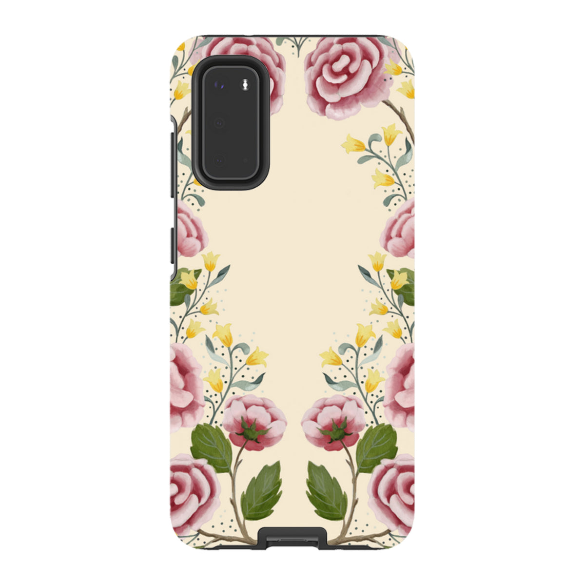 Samsung Tough Case featuring a floral rose and yellow wildflower pattern on a cream background with dual-layer protection.