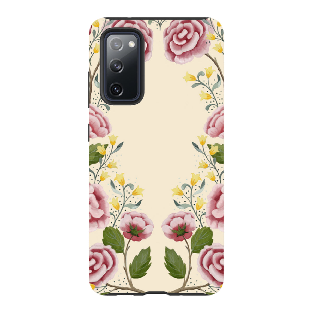 Samsung Tough Case featuring a cream background with pink roses, yellow flowers, and green leaves in a floral design.