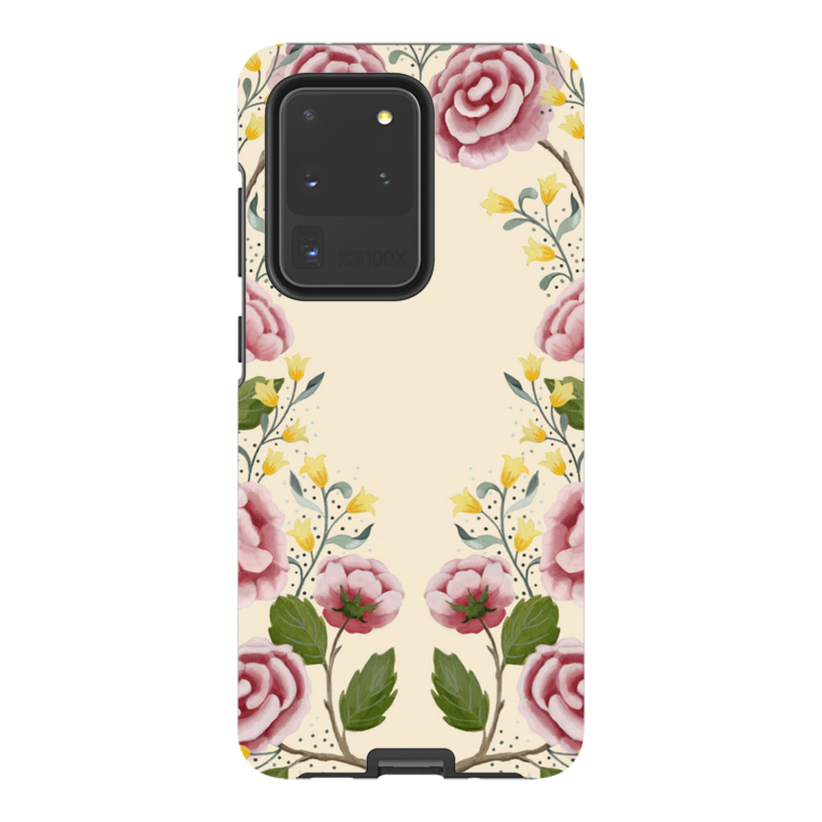 Samsung Tough Case featuring a floral Bex Parkin rose design on a cream background with dual-layer protective shell.