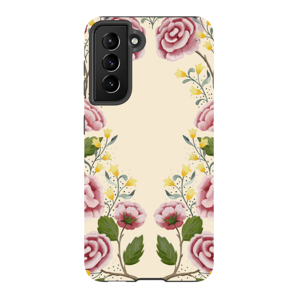 Samsung Tough Case featuring a cream background with pink roses and yellow floral artwork by Bex Parkin.