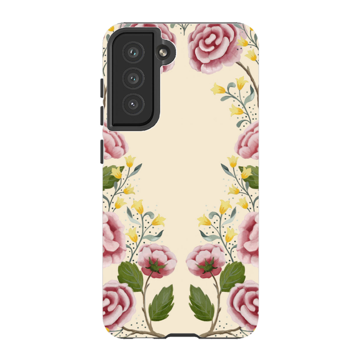 Samsung Tough Case featuring a cream background with pink roses and yellow floral accents by Bex Parkin.