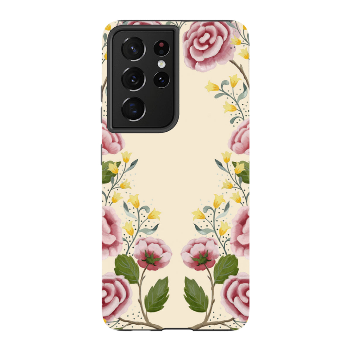 Samsung Tough Case featuring a cream background with pink roses and yellow floral accents by Bex Parkin.