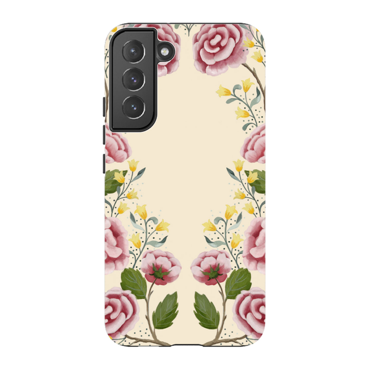 Samsung Tough Case featuring a cream background with pink roses and yellow floral accents by Bex Parkin.