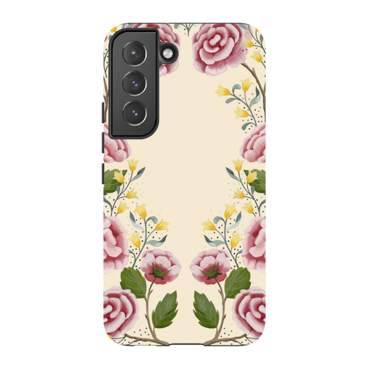 Samsung Tough Case featuring a cream background with pink roses and yellow floral accents in a dual-layer design.