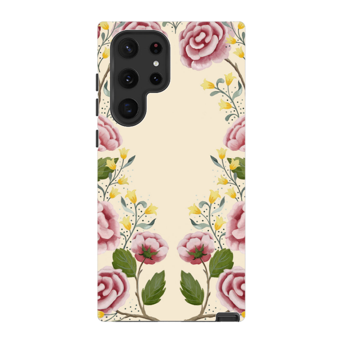 Samsung Tough Case featuring a cream background with pink roses and yellow floral accents by Bex Parkin.