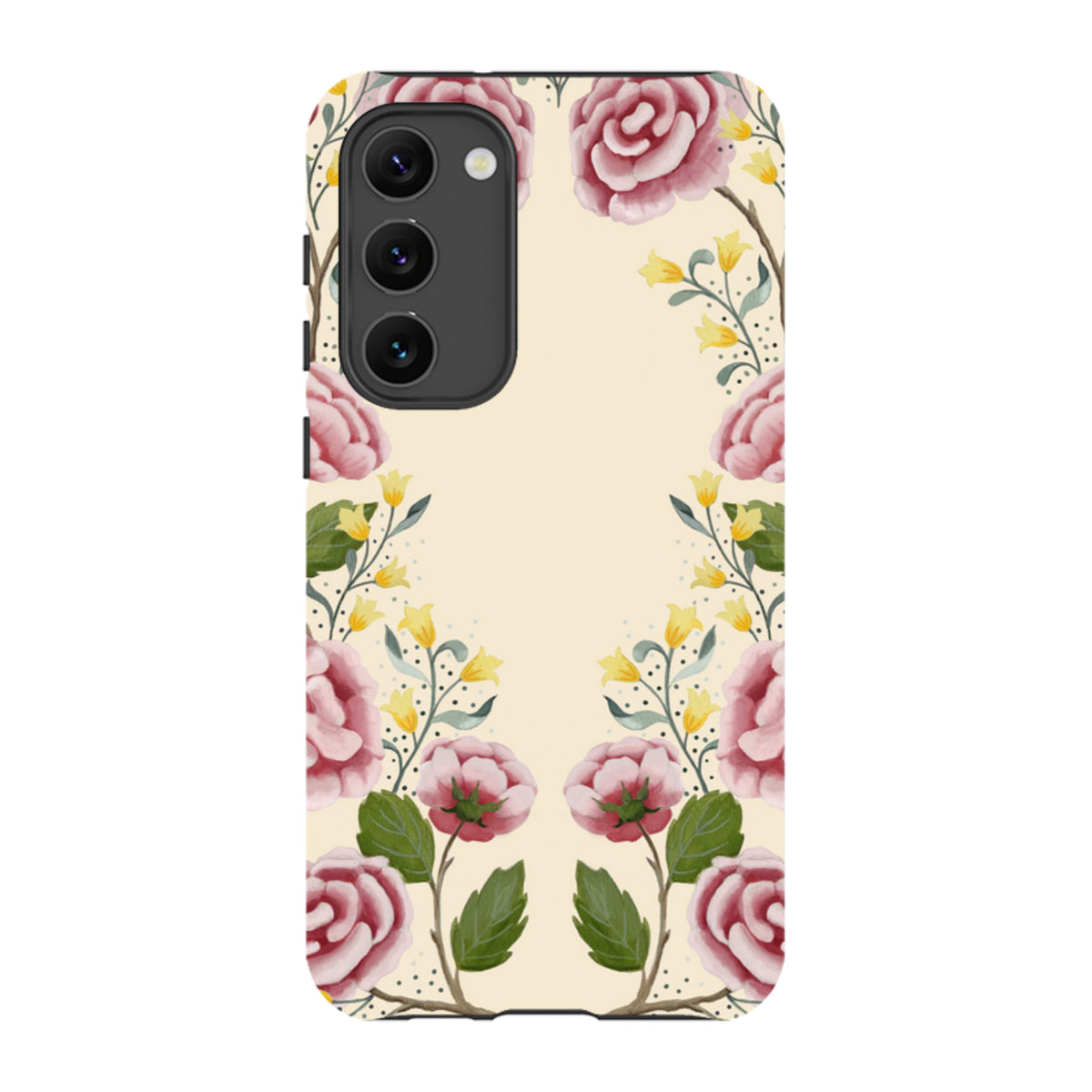 Samsung Tough Case featuring a cream background with pink roses and yellow floral artwork by Bex Parkin.