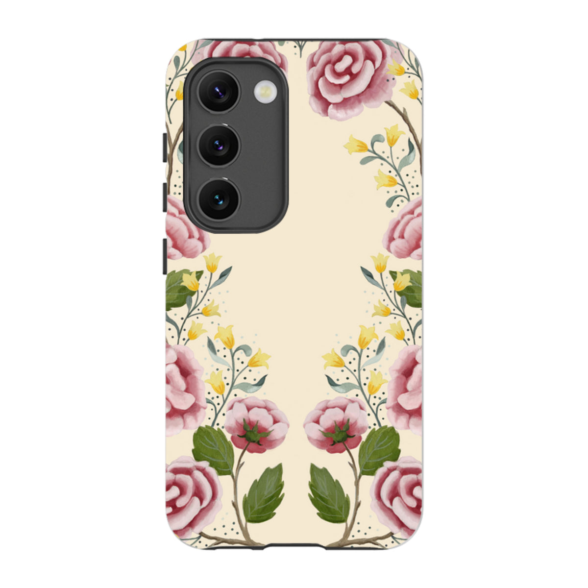 Samsung Tough Case featuring a cream background with pink roses and yellow floral accents by Bex Parkin.