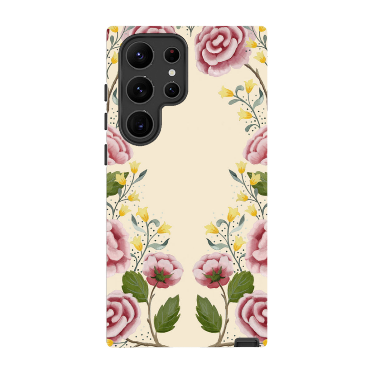 Samsung Tough Case featuring a cream background with pink roses and yellow floral accents in a dual-layer design.