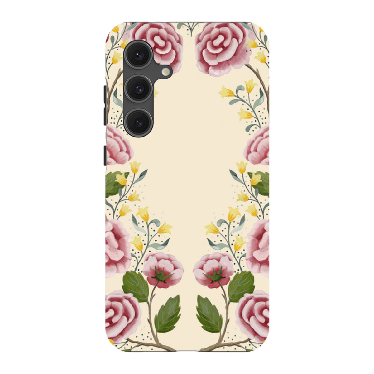 Samsung Galaxy tough case featuring a cream background with pink roses and yellow floral watercolor artwork.