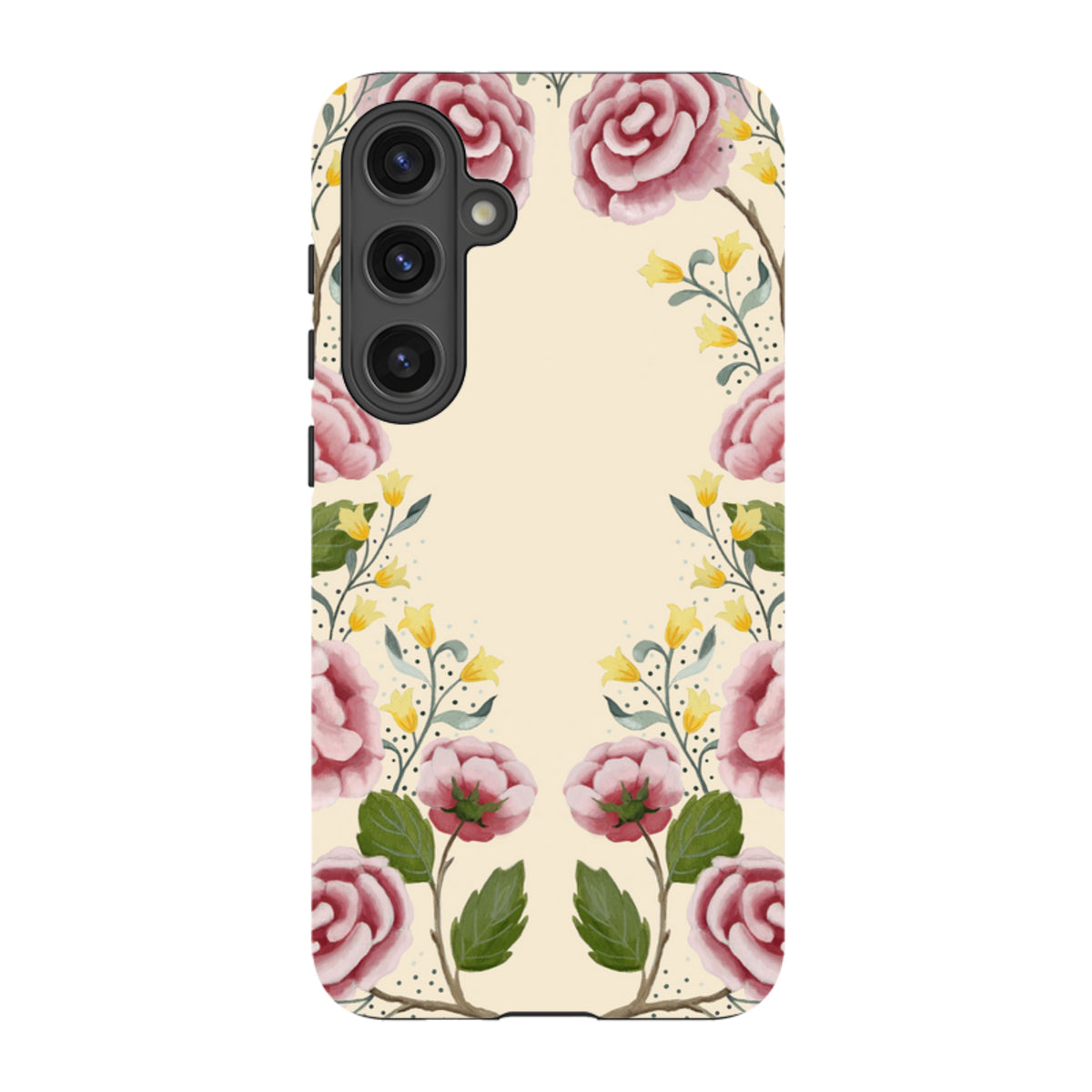 Samsung Tough Case featuring a floral watercolor rose design on a cream background with dual-layer protective construction.