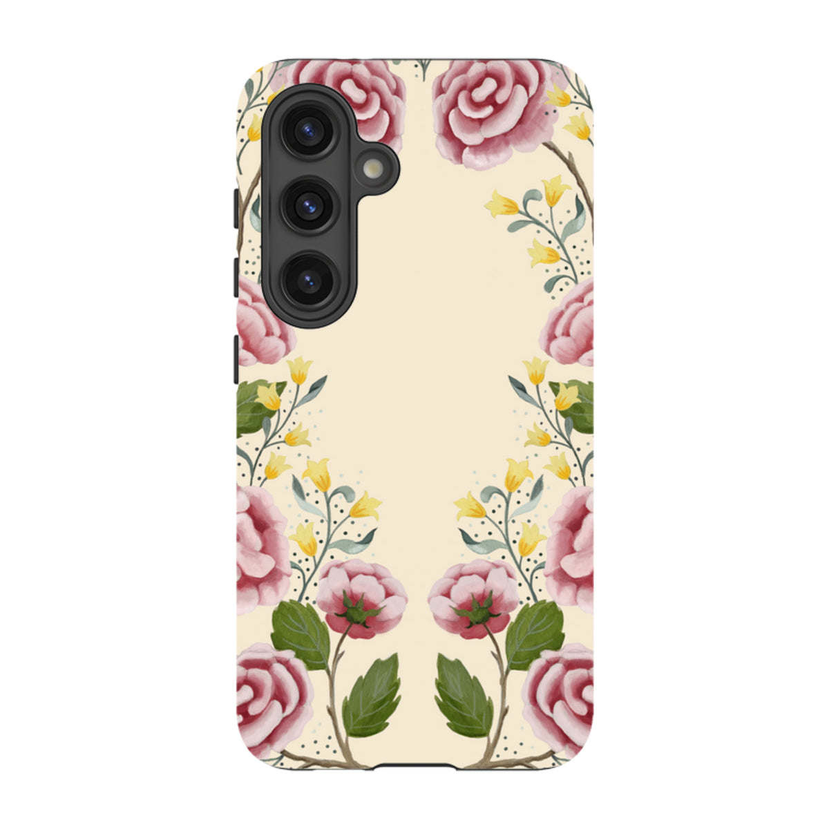 Samsung Tough Case featuring a cream background with watercolor pink roses, yellow flowers, and green leaves.