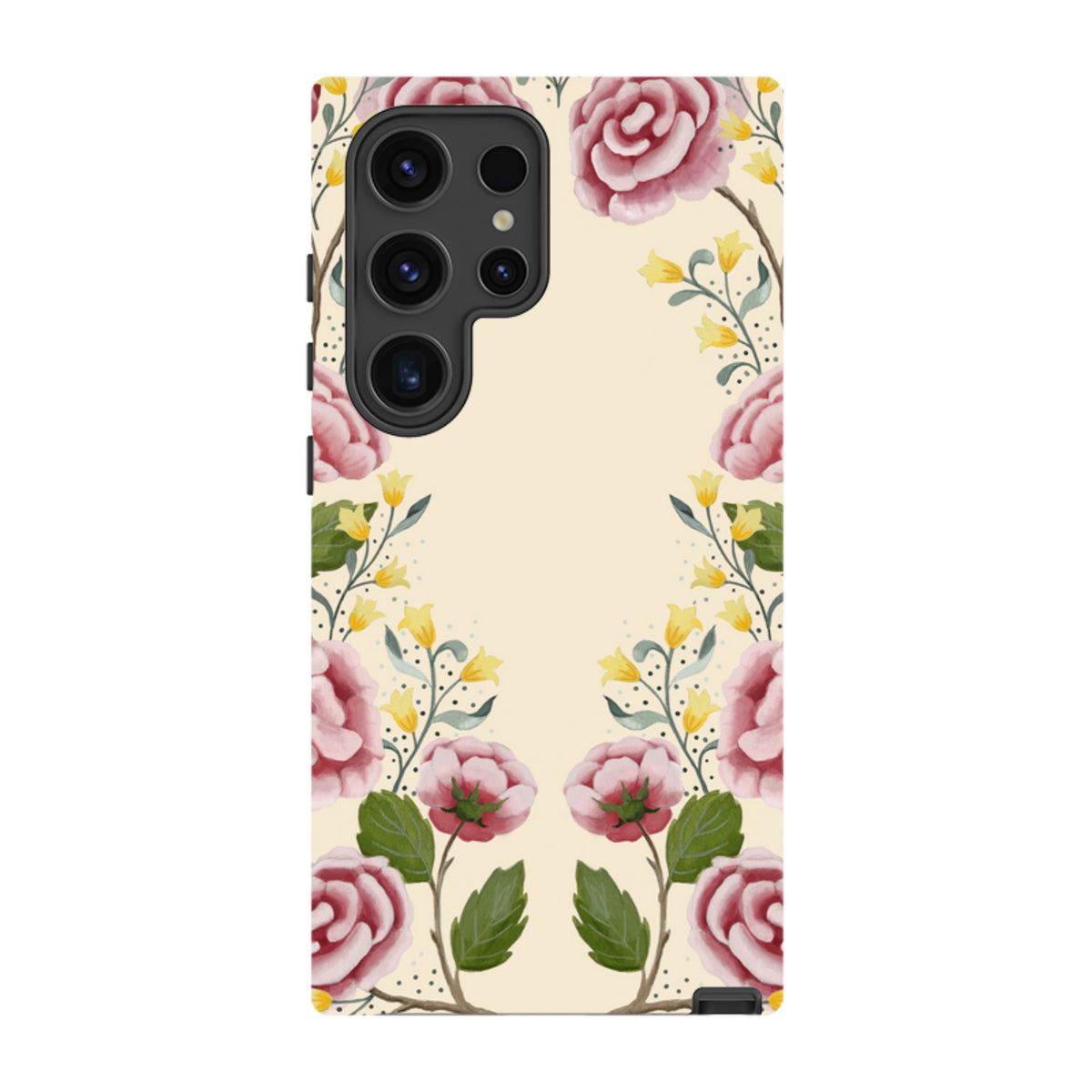 Samsung Galaxy tough case featuring a cream background with pink roses and yellow floral accents by Bex Parkin.