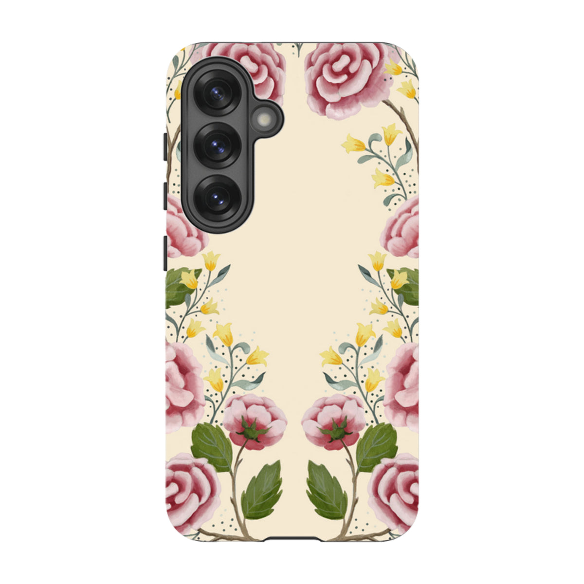 Samsung Tough Case featuring a cream background with watercolor pink roses and yellow floral accents.