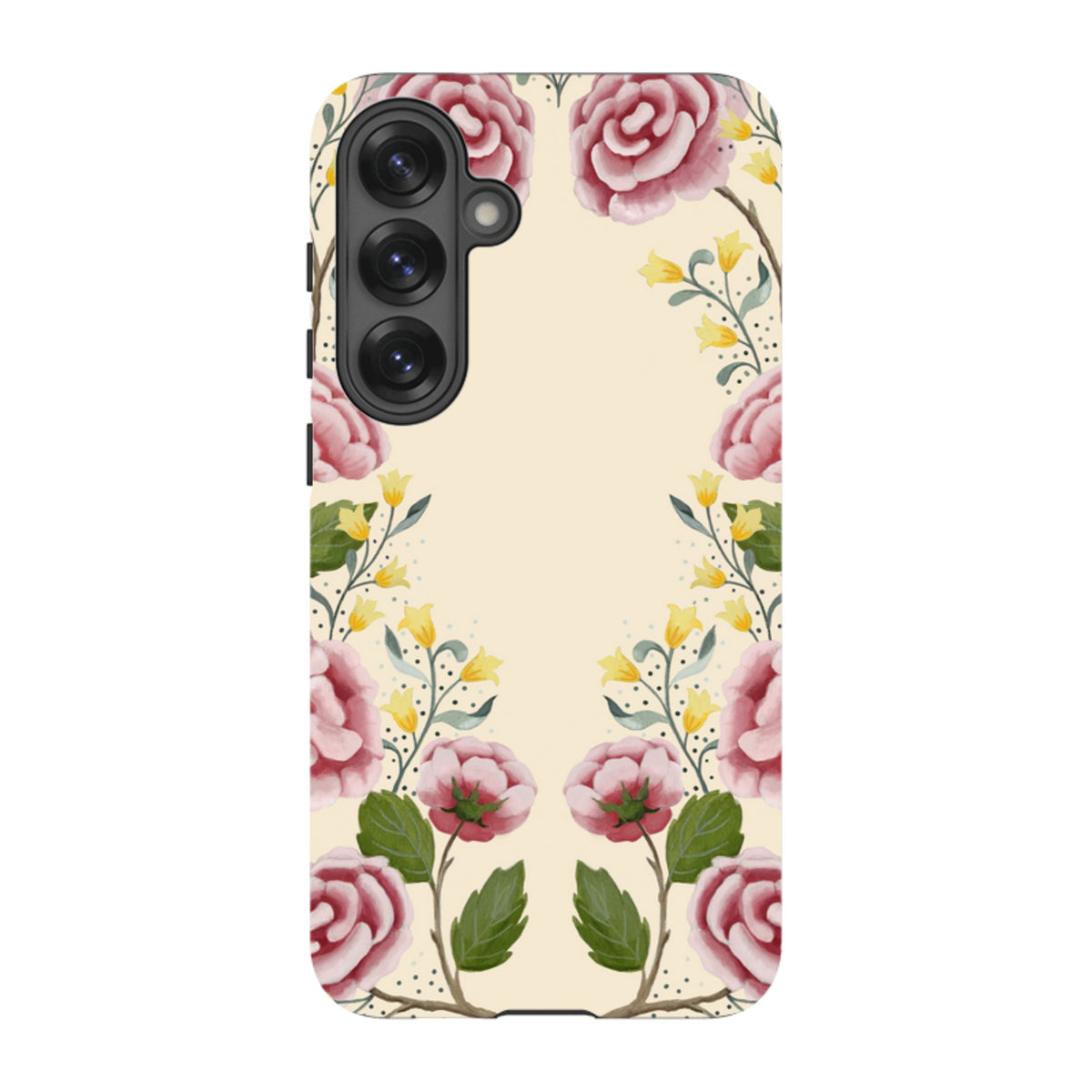 Samsung Galaxy tough case featuring a cream background with pink roses and yellow floral accents by Bex Parkin.