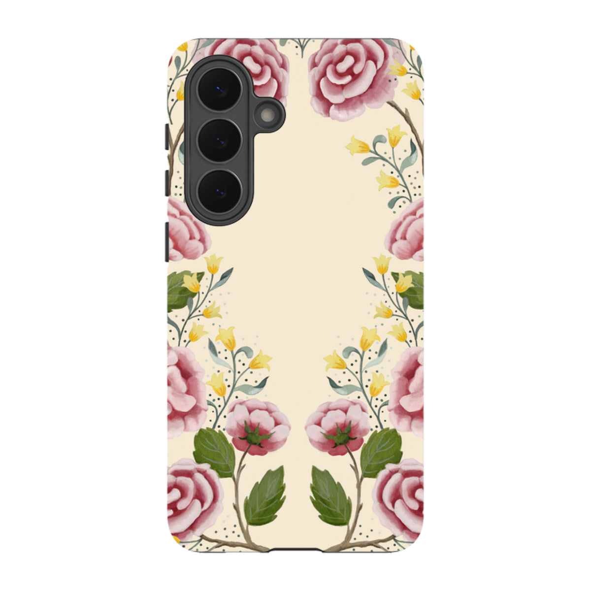 Samsung Tough Case featuring a floral rose and yellow bud pattern on a cream background with a dual-layer protective shell.