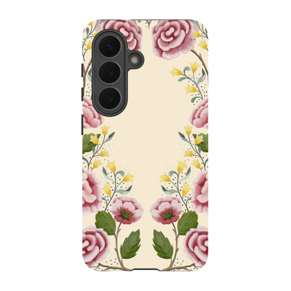 Samsung Tough Case featuring a cream background with pink roses and yellow floral accents by Bex Parkin.