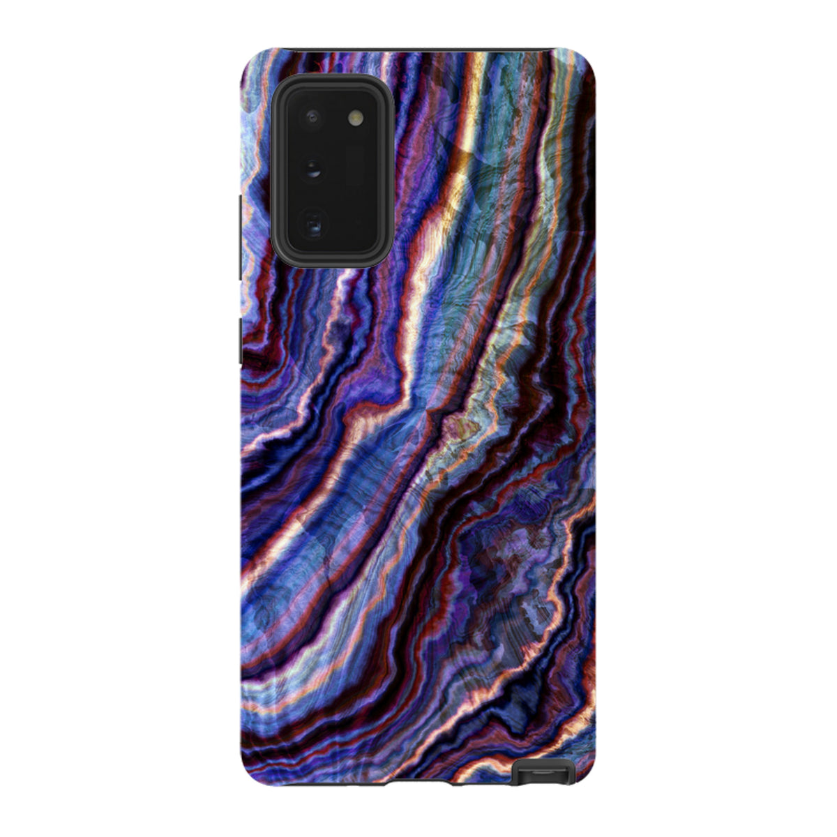 Samsung Tough Case with a vibrant purple, blue, and gold royal agate marble design and dual-layer protective shell.