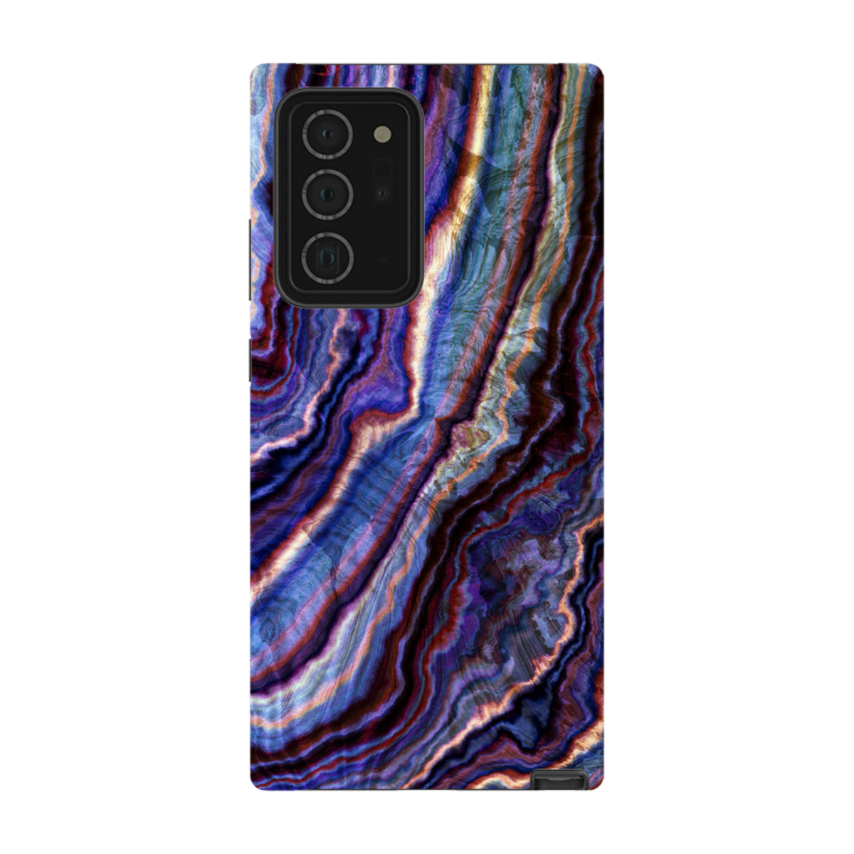 Samsung Tough Case featuring a vibrant royal agate marble pattern with deep blue, purple, and gold swirling layers.