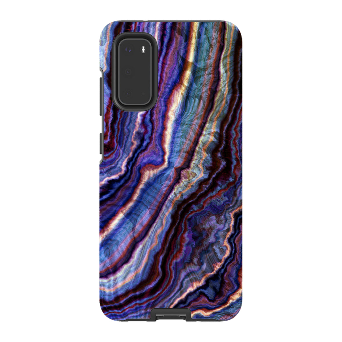 Samsung Tough Case featuring a vibrant royal agate marble pattern in shades of deep purple, blue, and copper.