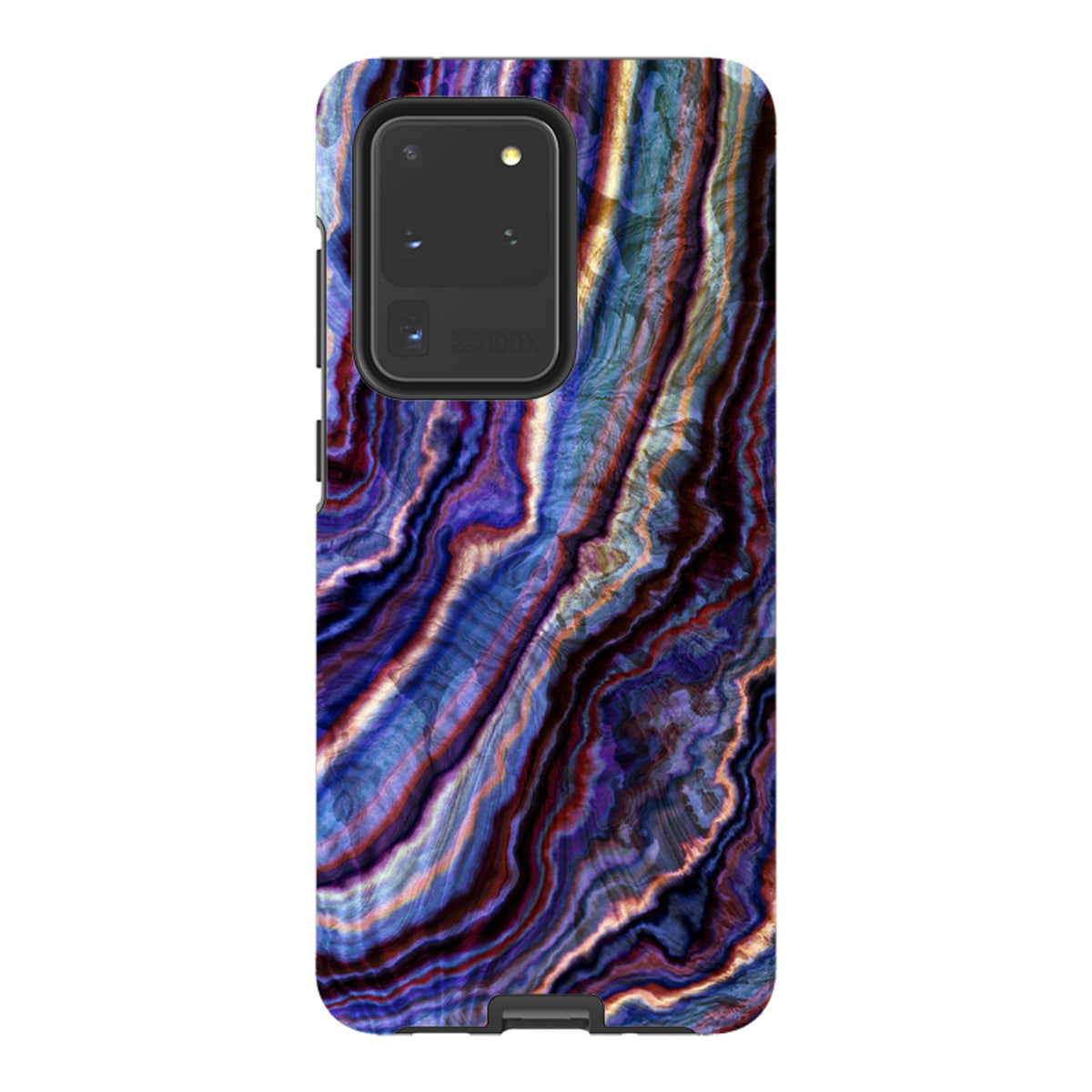 Samsung Galaxy tough case featuring a vibrant royal agate marble pattern with deep blue, purple, and gold swirling veins.