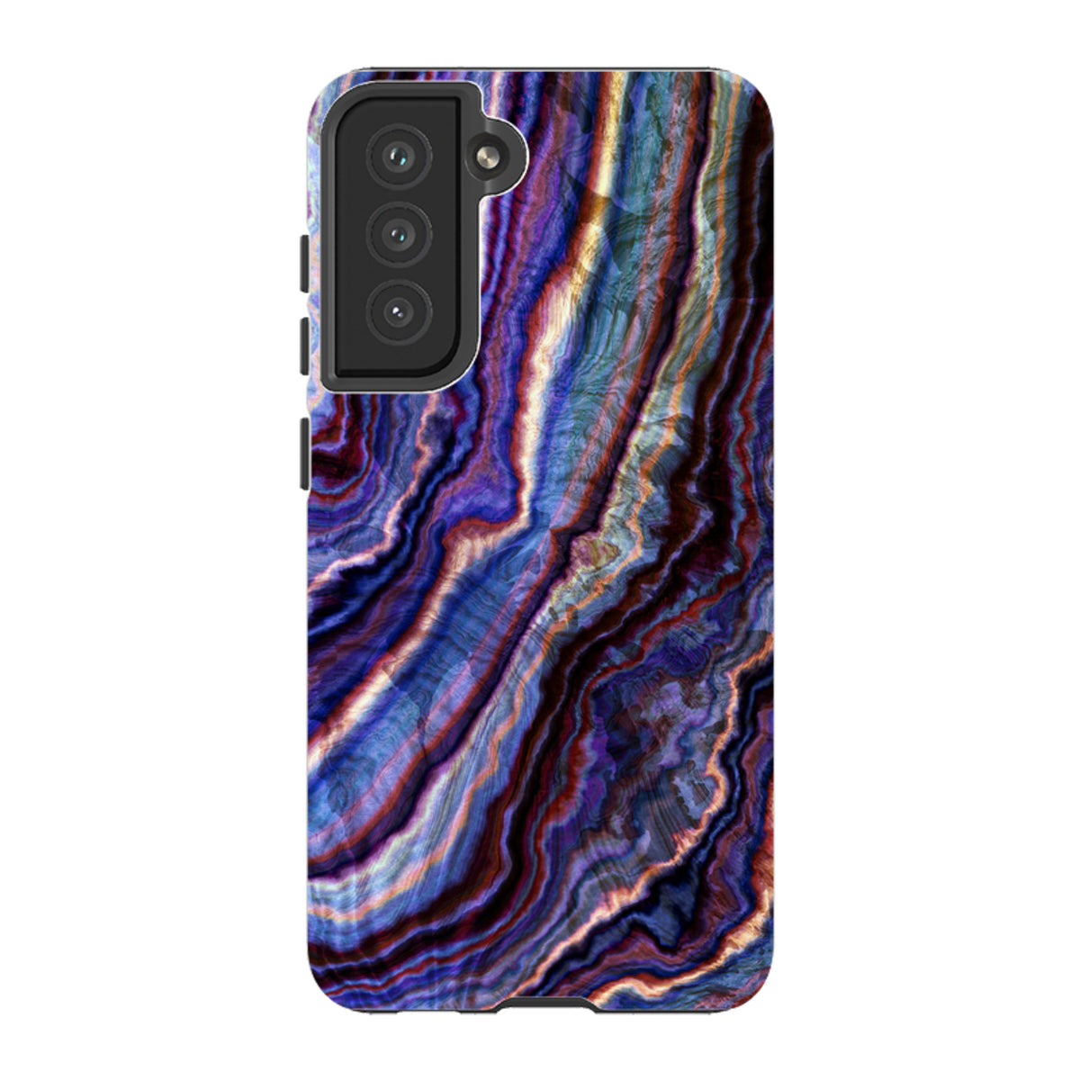 Samsung Tough Case featuring a vibrant royal agate marble pattern with deep blue, purple, and gold wavy stone textures.