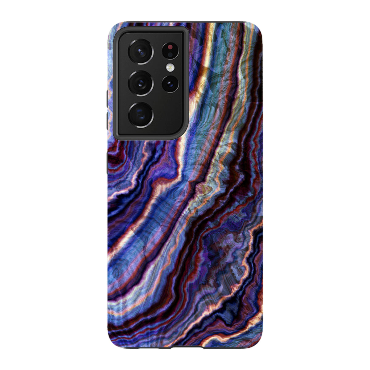 Samsung Galaxy tough case featuring a vibrant royal agate marble pattern with deep blue, purple, and gold swirls.