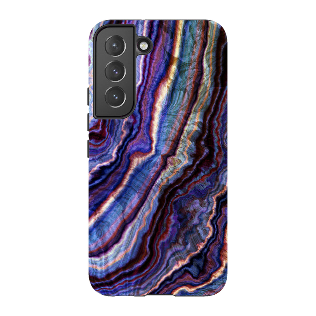 Samsung Tough Case featuring a vibrant Royal Agate marble pattern in deep blues, purples, and gold on a dual-layer shell.