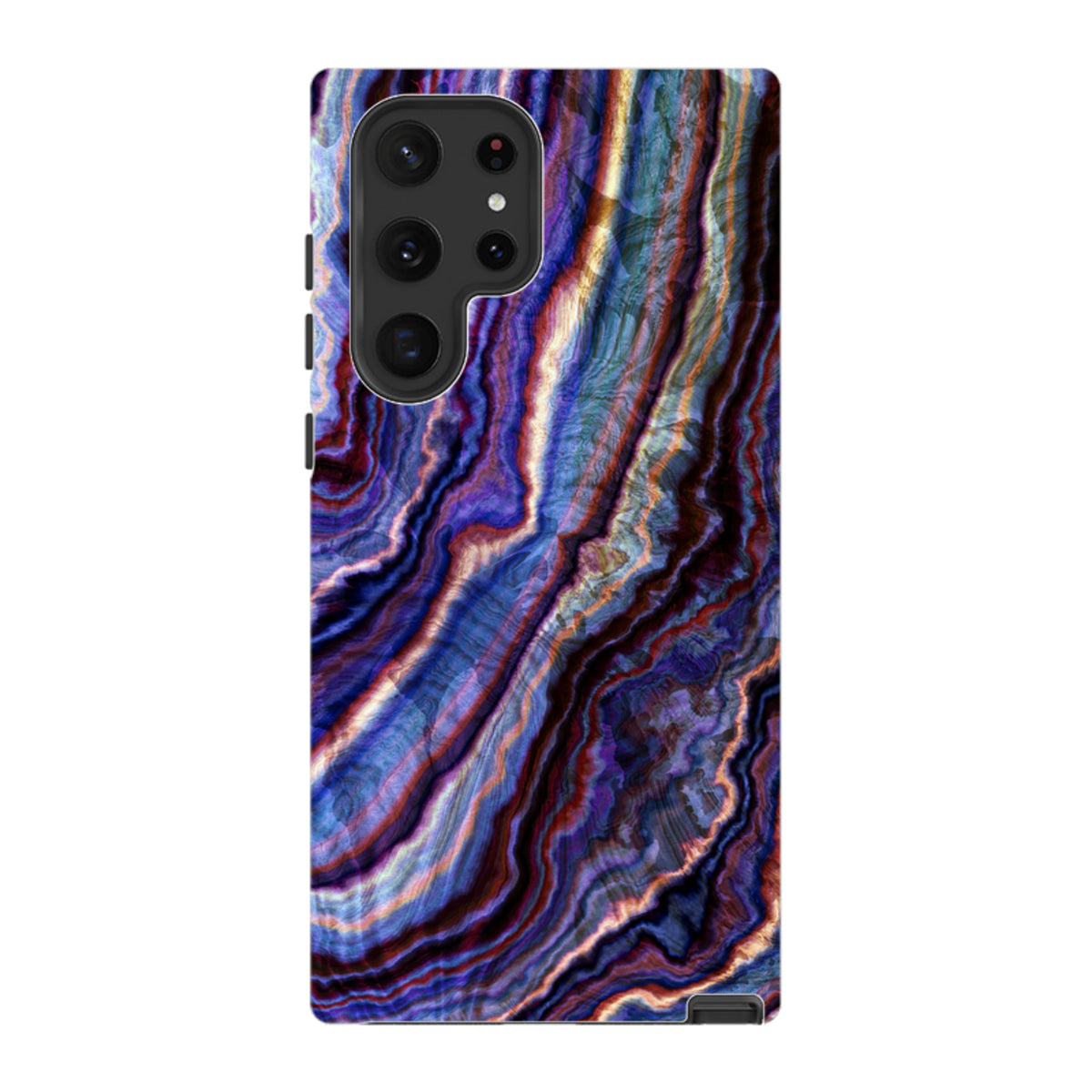 Samsung Tough Case featuring a vibrant royal agate marble pattern in shades of blue, purple, and gold for Galaxy phones.