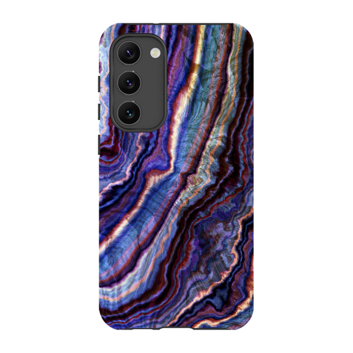 Samsung Galaxy tough case featuring a vibrant royal agate marble pattern with deep purple, blue, and gold swirls.