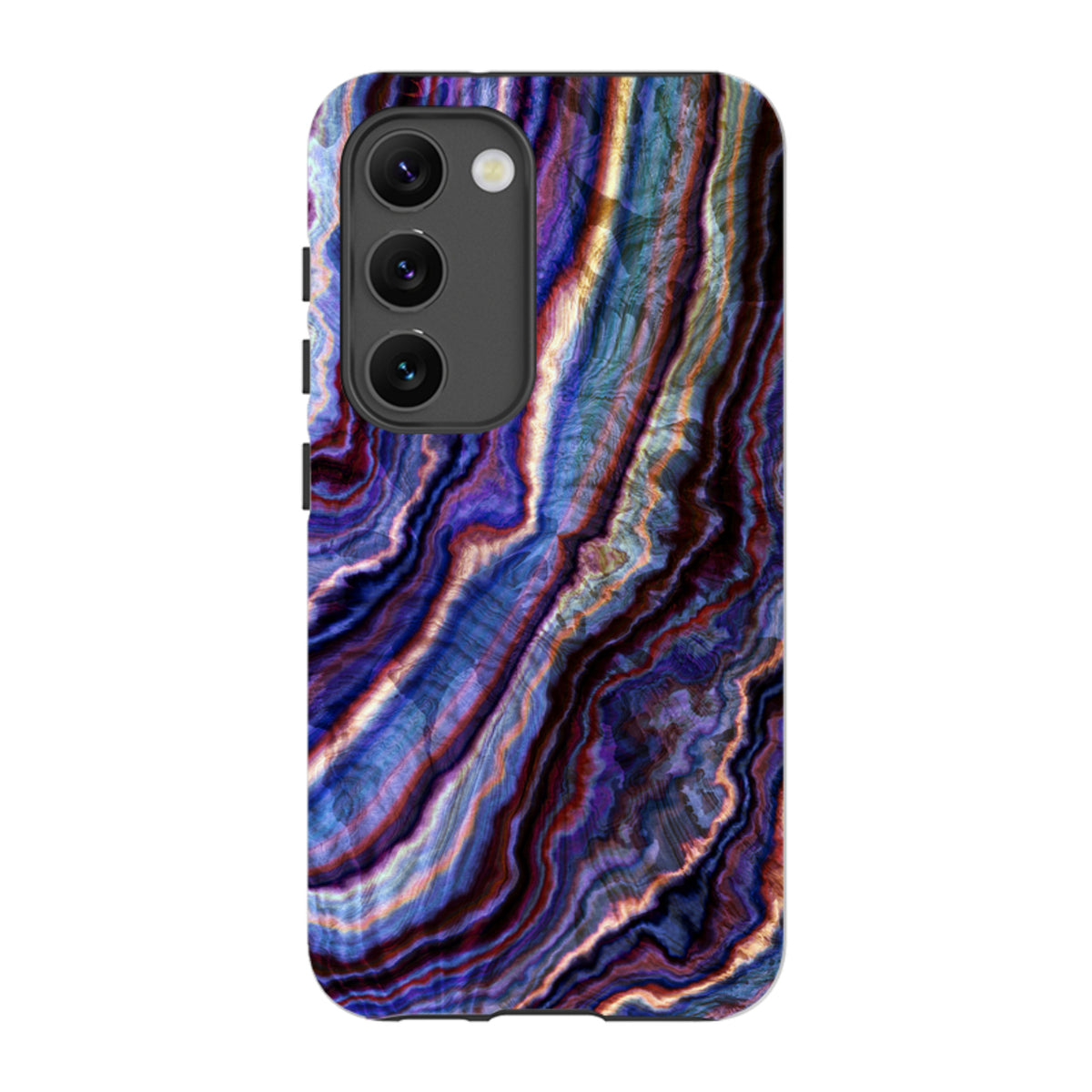 Samsung Tough Case featuring a vibrant Royal Agate marble pattern in shades of blue, purple, and gold with a triple camera.