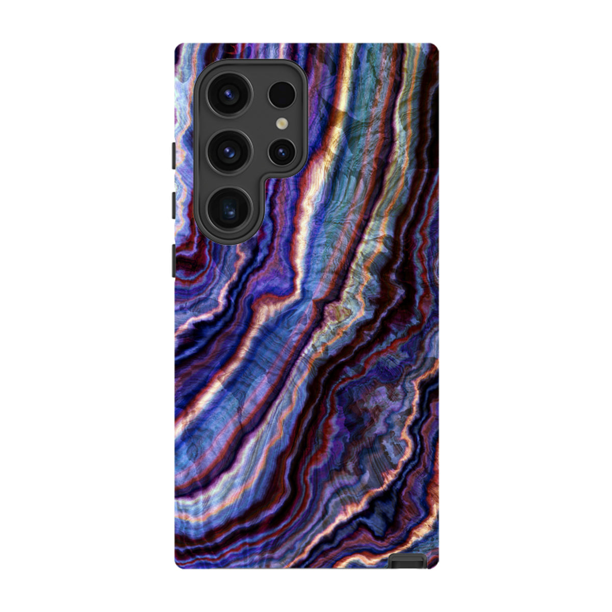 Samsung Galaxy tough case featuring a vibrant royal agate marble pattern with deep blue, purple, and gold swirling layers.
