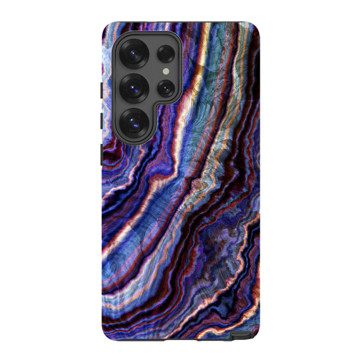 Samsung Tough Case with a vibrant royal agate marble pattern in shades of blue, purple, and gold for Galaxy phones.