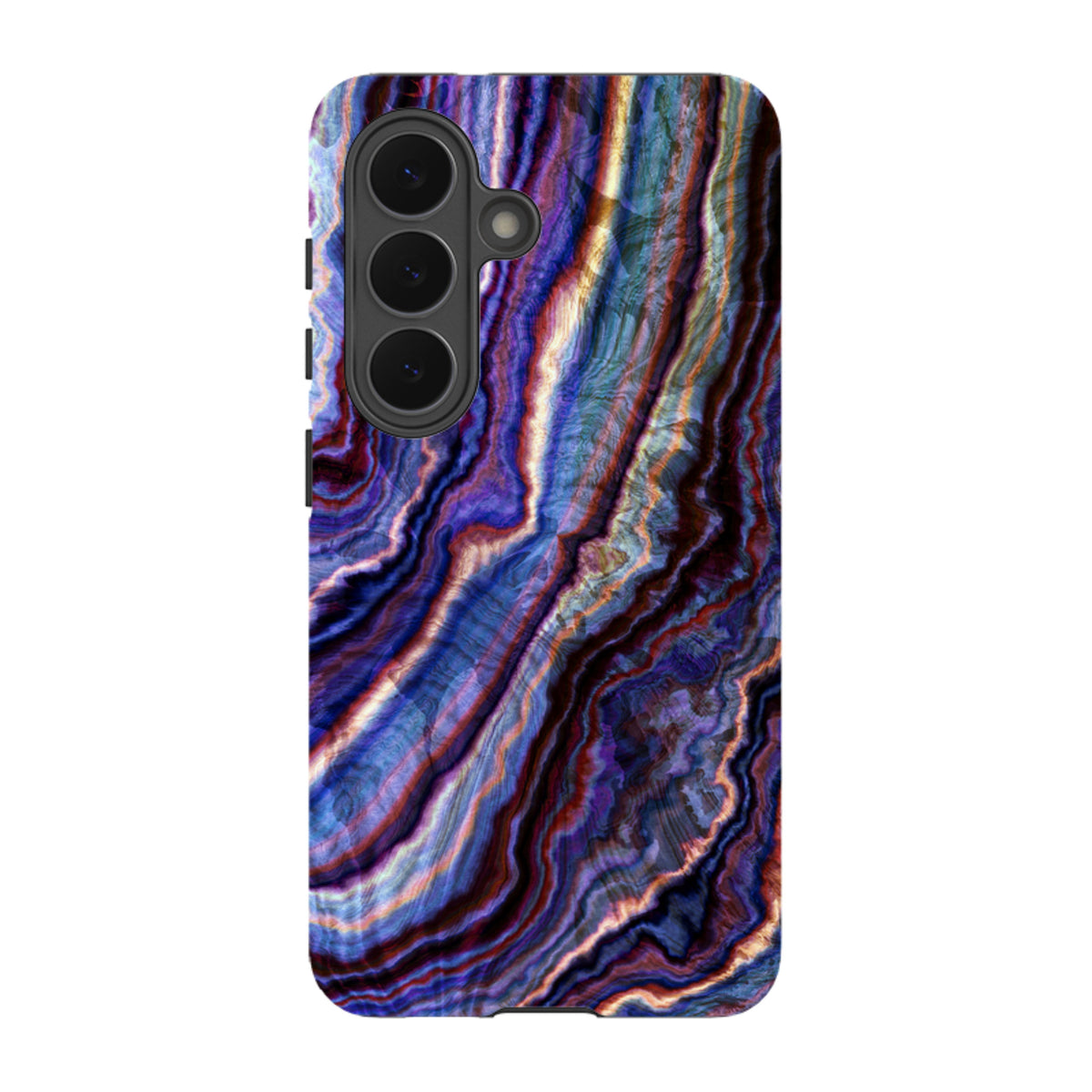 Samsung Tough Case featuring a vibrant Royal Agate marble pattern in deep blue, purple, and gold with a triple-lens cutout.