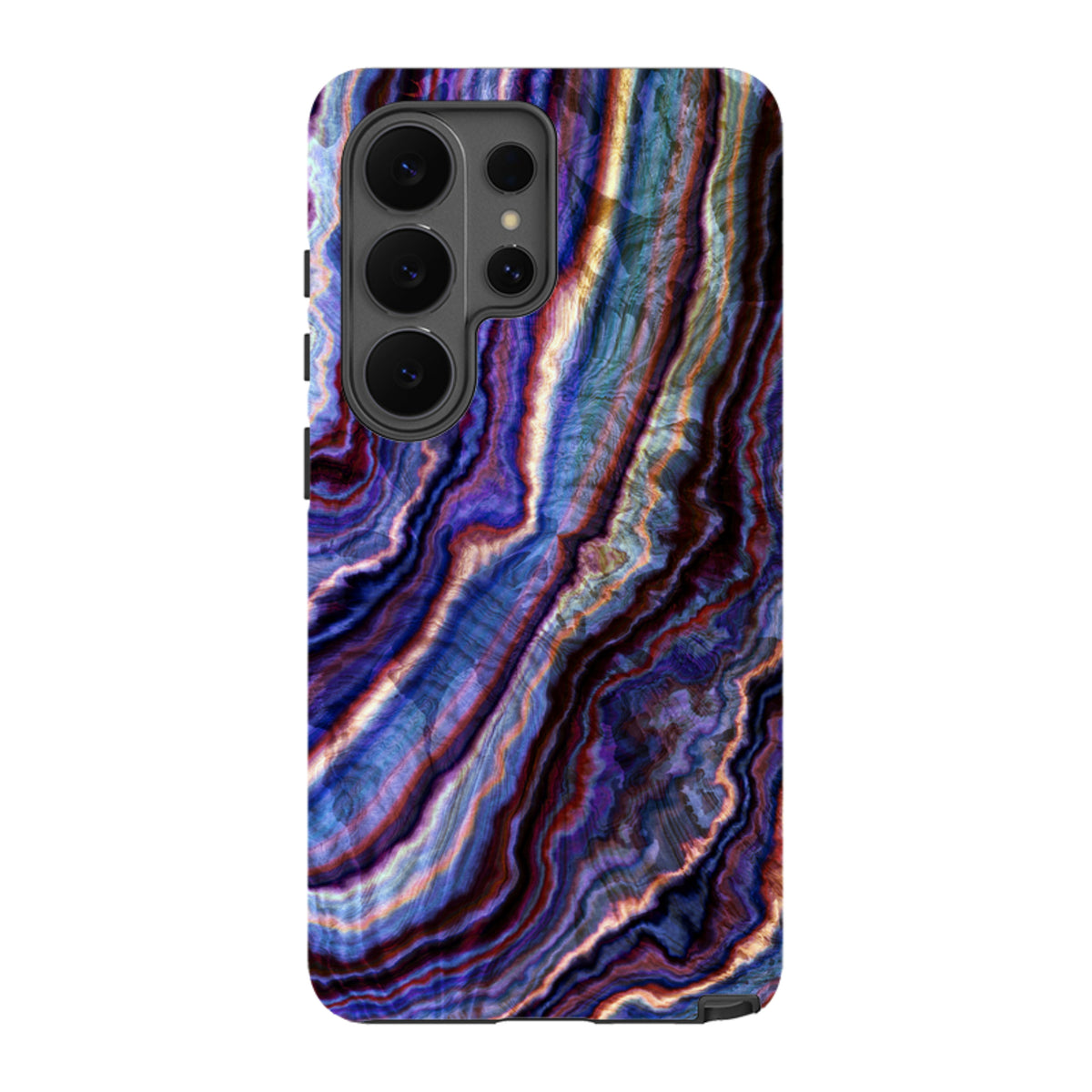 Samsung Galaxy tough case featuring a vibrant, royal agate marble pattern with blue, purple, and gold swirling layers.