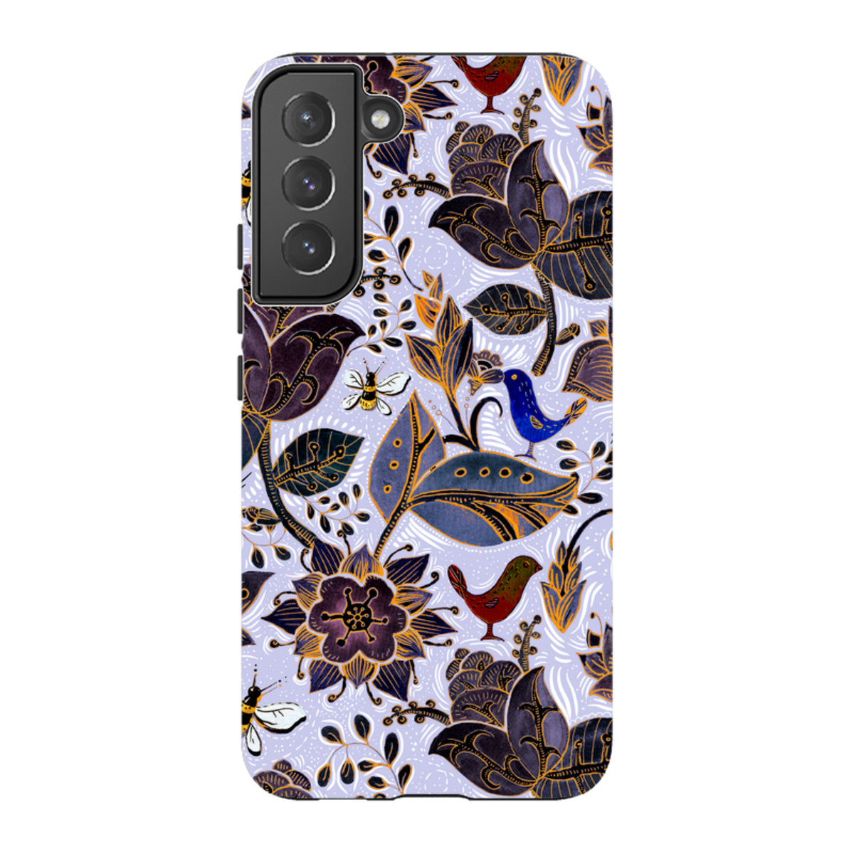 Samsung Galaxy tough case featuring a Royal Botanical floral and bird pattern with a durable dual-layer design.